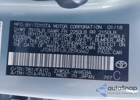 2018 Toyota Prius z USA, uszkodzony, nr VIN JTDKBRFUXJ3590662